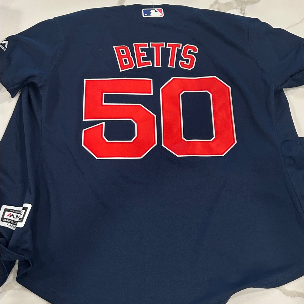 Majestic Navy Kids Baseball Jersey with Red Boston Script #50 Mookie Betts